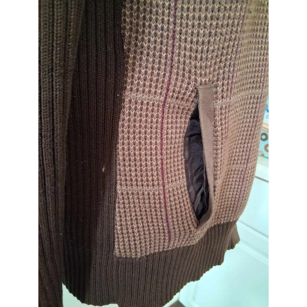 Ralph Lauren LRL Brown Plaid Full Zip Cardigan Suede Patch Sweater Womens Small - Picture 5 of 11